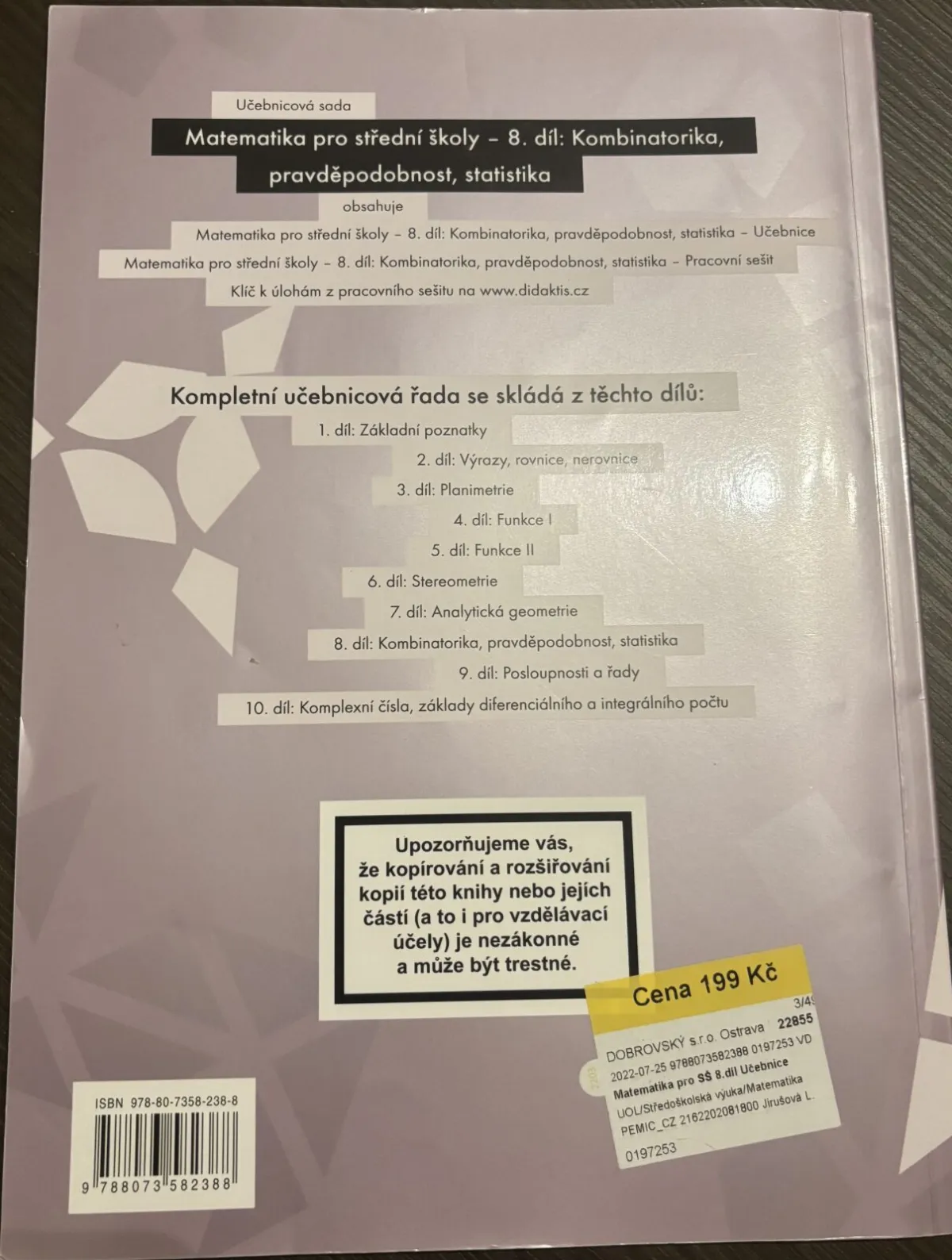 Matematika pro SŠ 8. díl - Kombinatorika, pravděpodobnost, statistika - učebnice, fotografie 2