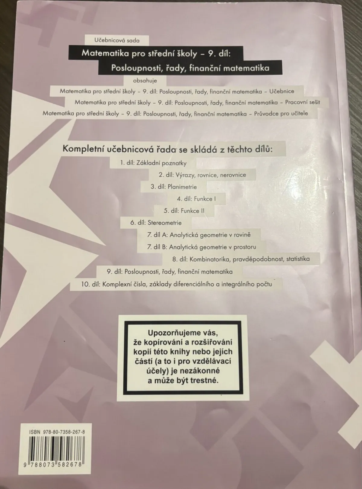 Matematika pro SŠ 9. díl - Posloupnosti, řady, finanční matematika - učebnice, fotografie 2